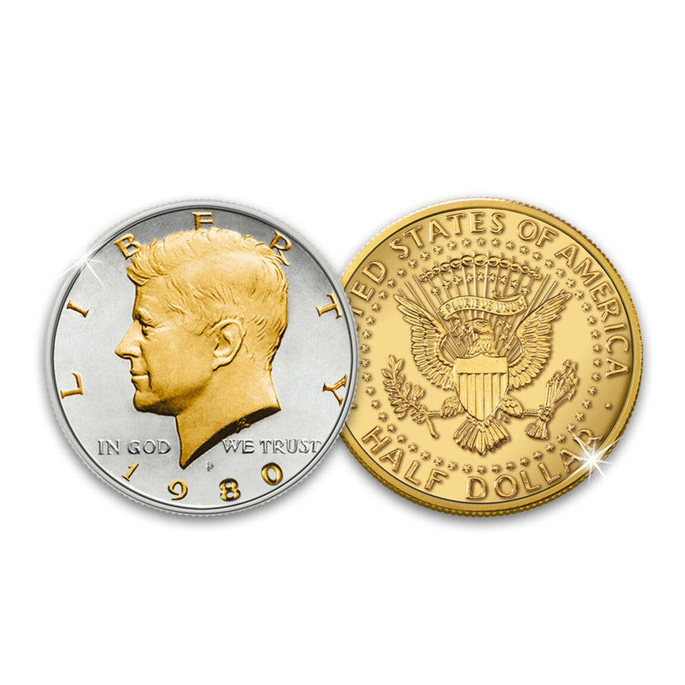 O meio dólar Kennedy em ouro e prata